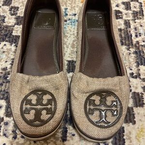 Tory Burch brown and beige canvas slip on shoes in size 7